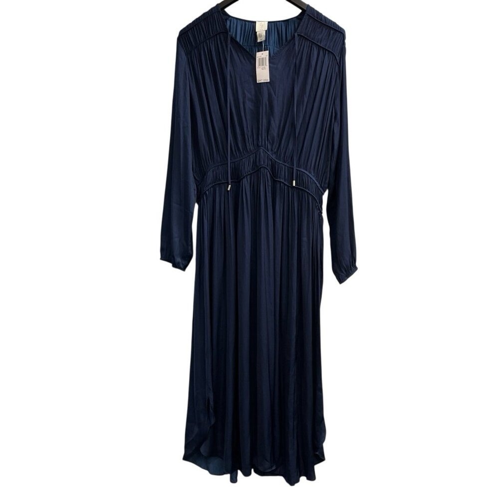Joie Dress Blue Satin Tiered Shirred Midi Asymmetrical Flowy Size XL Event